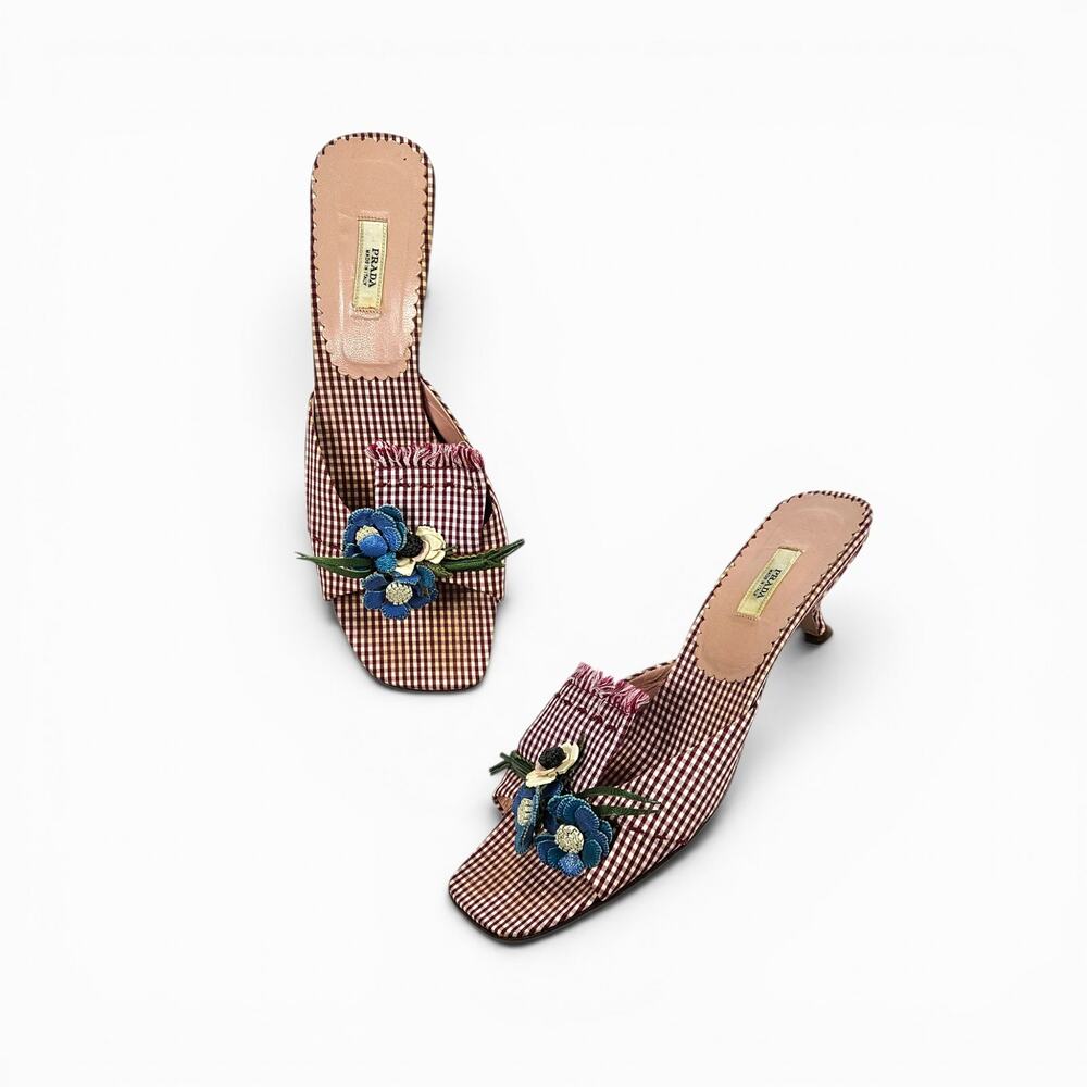 Prada Y2k Kitten Heels Red Gingham Floral Mules - Size 37 EU